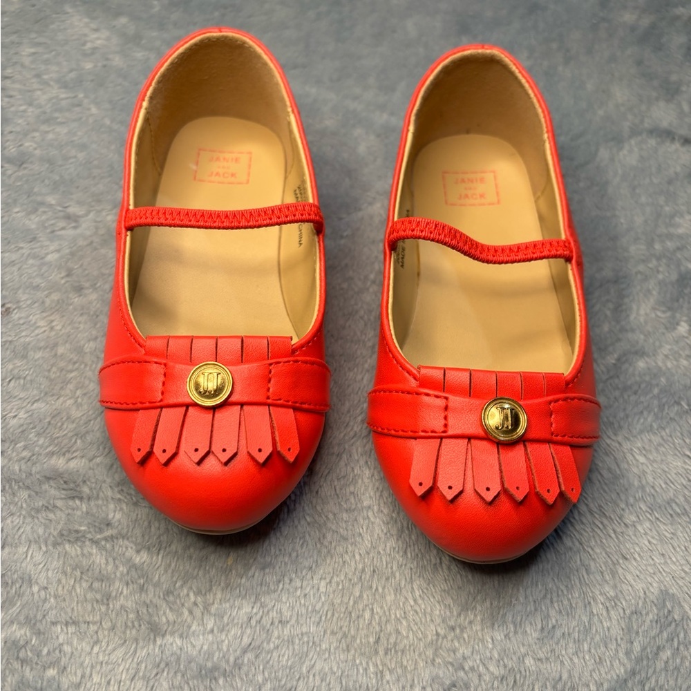 Janie and Jack Red Dress Shoes with Fringe Tassel & Gold JJ Button size 7
